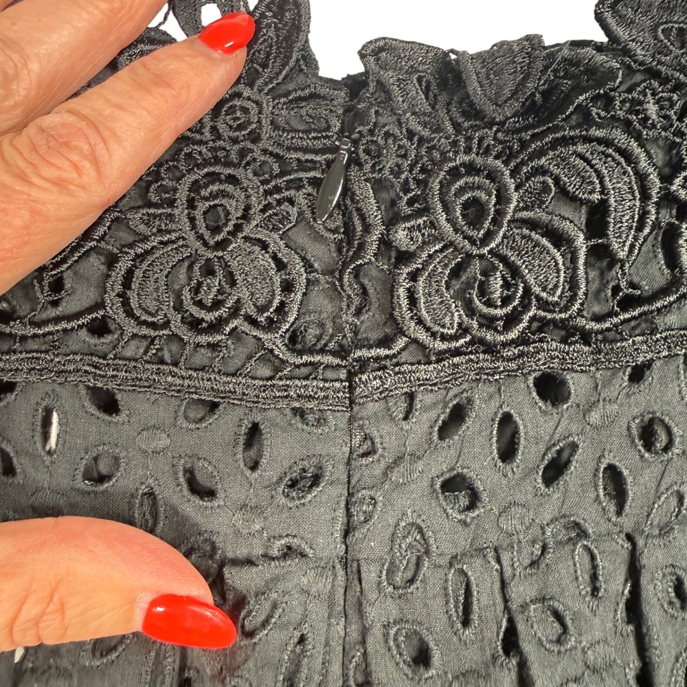 Moda International Black Eyelet Lace Cotton Babydoll Top Puff Sleeve Size 6 - Picture 8 of 8